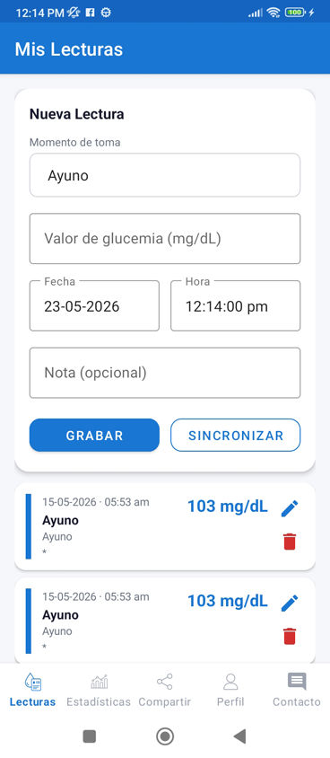 Pantalla principal de Sugar Control mostrando registro de glucemia